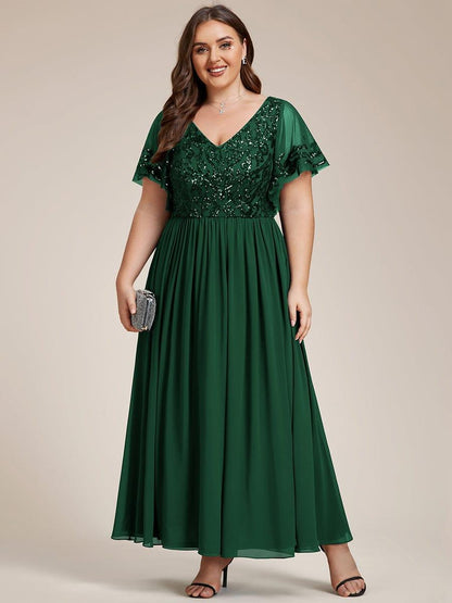 pretty HAZEL|Plus Size V-Neck Short Sleeve Sequin Bodice Mother of the Bride Dress