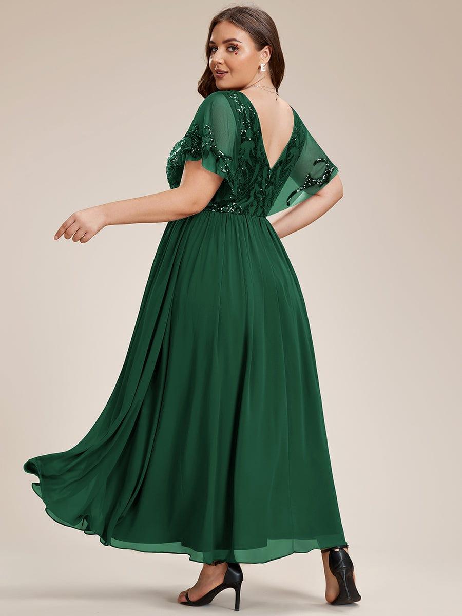 ever HAZEL|Elegant V-Neck Sequin A-Line Short Sleeves Chiffon Midi Formal Dress