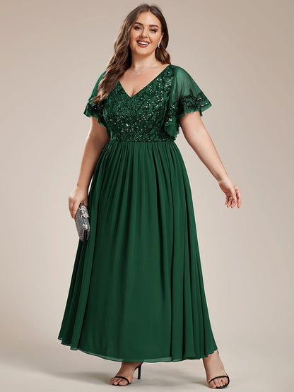 pretty HAZEL|Plus Size V-Neck Short Sleeve Sequin Bodice Mother of the Bride Dress