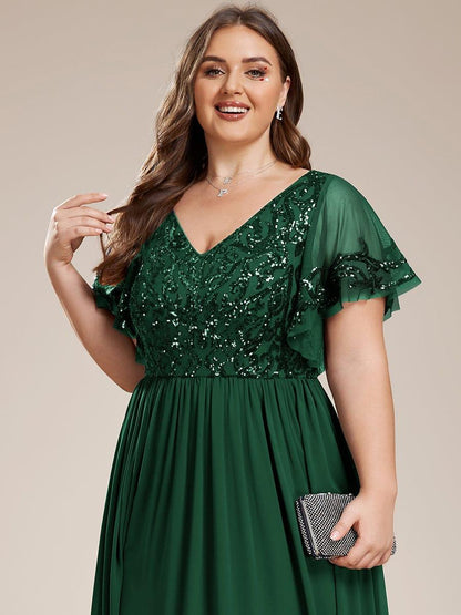 ever HAZEL|Elegant V-Neck Sequin A-Line Short Sleeves Chiffon Midi Formal Dress