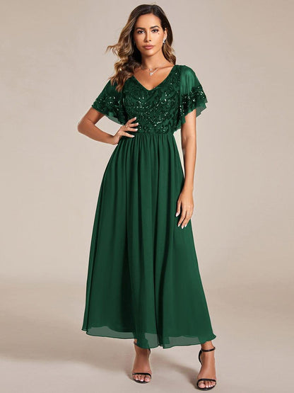 ever HAZEL|Elegant V-Neck Sequin A-Line Short Sleeves Chiffon Midi Formal Dress