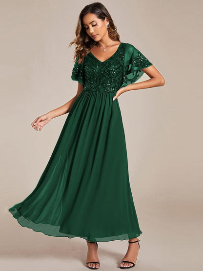 ever HAZEL|Elegant V-Neck Sequin A-Line Short Sleeves Chiffon Midi Formal Dress