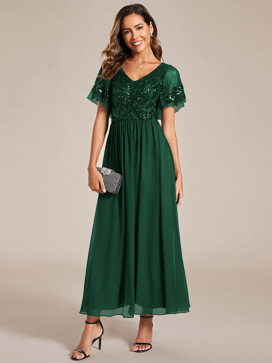 ever HAZEL|Elegant V-Neck Sequin A-Line Short Sleeves Chiffon Midi Formal Dress