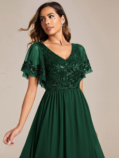 ever HAZEL|Elegant V-Neck Sequin A-Line Short Sleeves Chiffon Midi Formal Dress