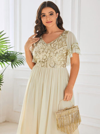 pretty HAZEL|Plus Size V-Neck Short Sleeve Sequin Bodice Mother of the Bride Dress