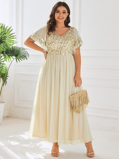 pretty HAZEL|Plus Size V-Neck Short Sleeve Sequin Bodice Mother of the Bride Dress