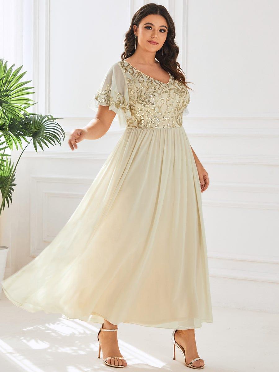 pretty HAZEL|Plus Size V-Neck Short Sleeve Sequin Bodice Mother of the Bride Dress