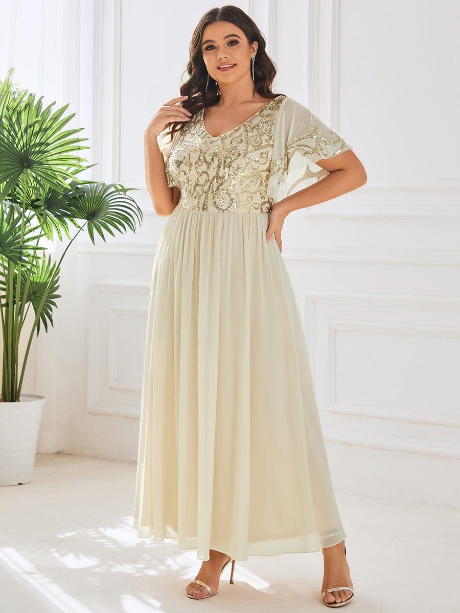 pretty HAZEL|Plus Size V-Neck Short Sleeve Sequin Bodice Mother of the Bride Dress