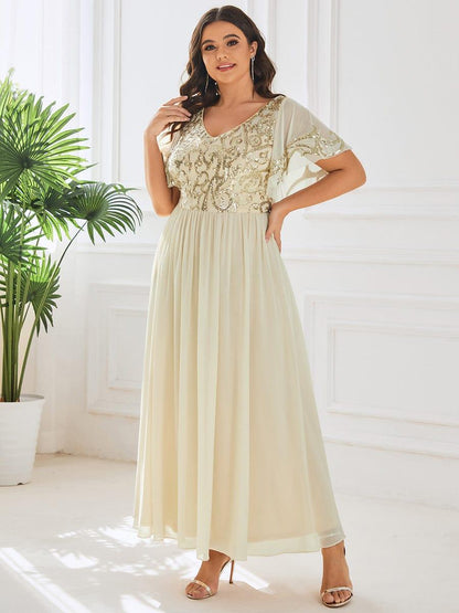 pretty HAZEL|Plus Size V-Neck Short Sleeve Sequin Bodice Mother of the Bride Dress