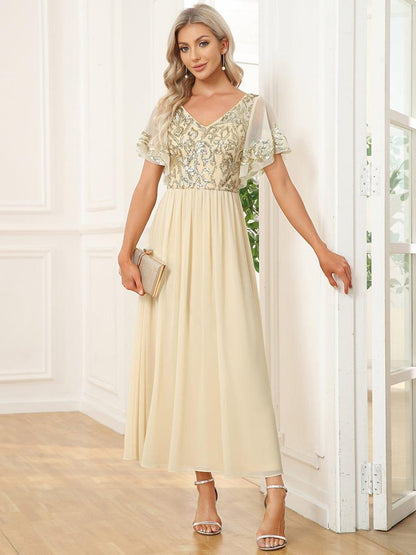 ever HAZEL|Short Sleeve V-Neck Sequin Chiffon A-Line Mother of the Bride Dress