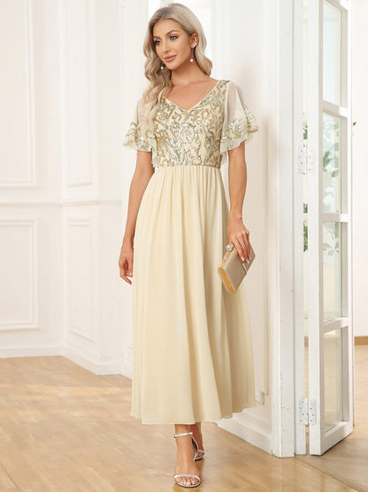 ever HAZEL|Short Sleeve V-Neck Sequin Chiffon A-Line Mother of the Bride Dress