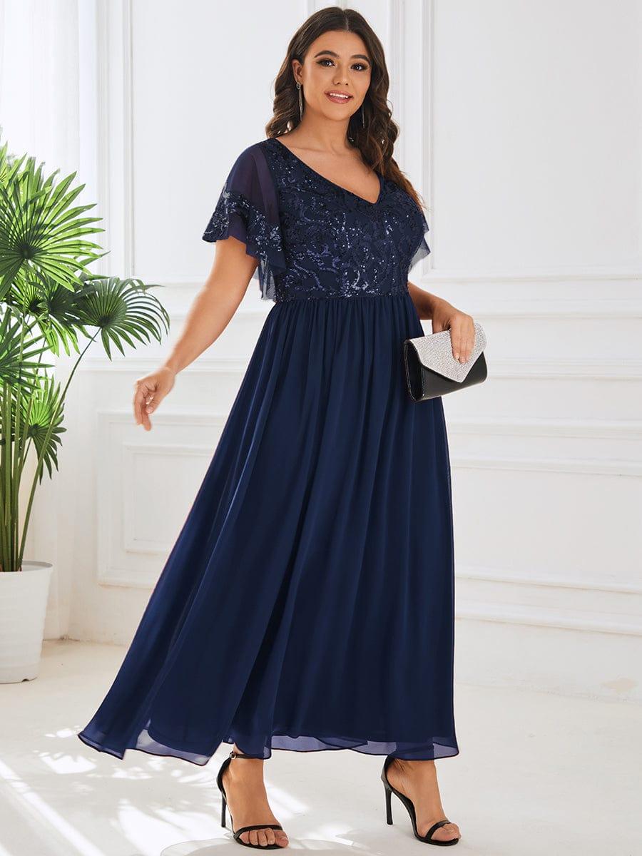 pretty HAZEL|Plus Size V-Neck Short Sleeve Sequin Bodice Mother of the Bride Dress