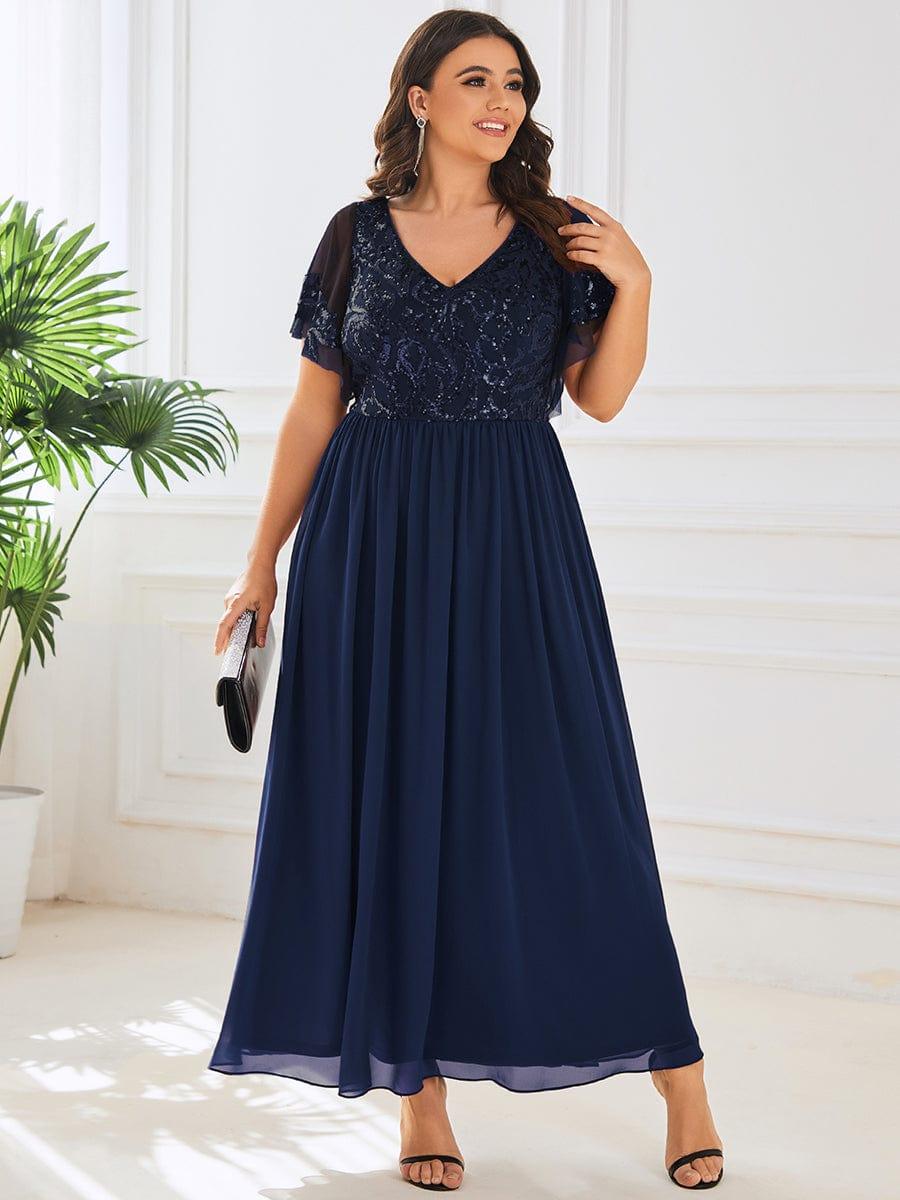 pretty HAZEL|Plus Size V-Neck Short Sleeve Sequin Bodice Mother of the Bride Dress