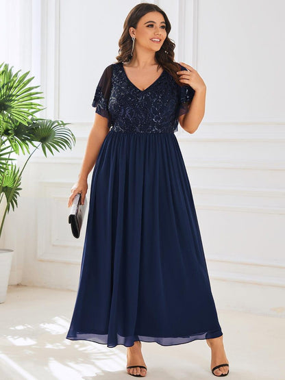 pretty HAZEL|Plus Size V-Neck Short Sleeve Sequin Bodice Mother of the Bride Dress