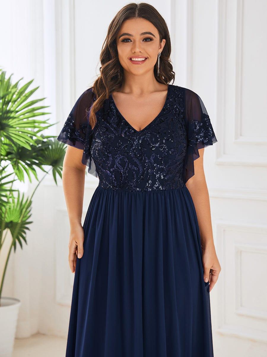 ever HAZEL|Elegant V-Neck Sequin A-Line Short Sleeves Chiffon Midi Formal Dress