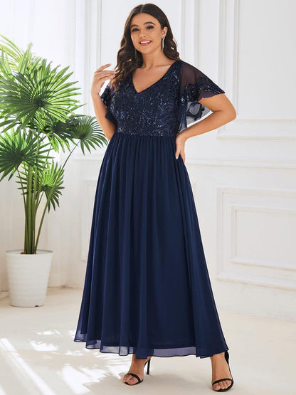 ever HAZEL|Elegant V-Neck Sequin A-Line Short Sleeves Chiffon Midi Formal Dress