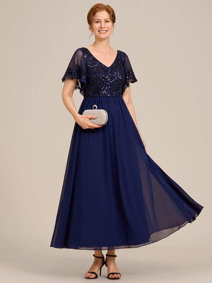 ever HAZEL|Short Sleeve V-Neck Sequin Chiffon A-Line Mother of the Bride Dress