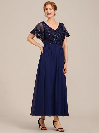 ever HAZEL|Short Sleeve V-Neck Sequin Chiffon A-Line Mother of the Bride Dress