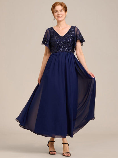 ever HAZEL|Short Sleeve V-Neck Sequin Chiffon A-Line Mother of the Bride Dress