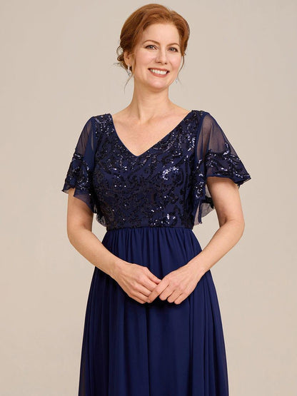 ever HAZEL|Short Sleeve V-Neck Sequin Chiffon A-Line Mother of the Bride Dress