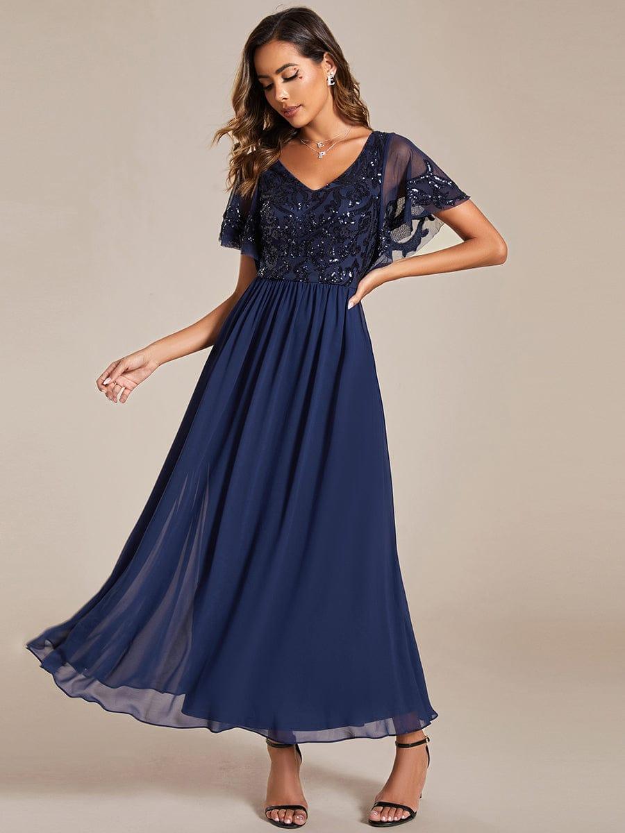 ever HAZEL|Elegant V-Neck Sequin A-Line Short Sleeves Chiffon Midi Formal Dress