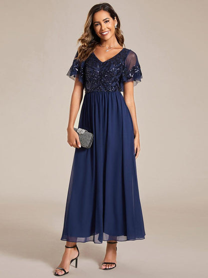 ever HAZEL|Elegant V-Neck Sequin A-Line Short Sleeves Chiffon Midi Formal Dress