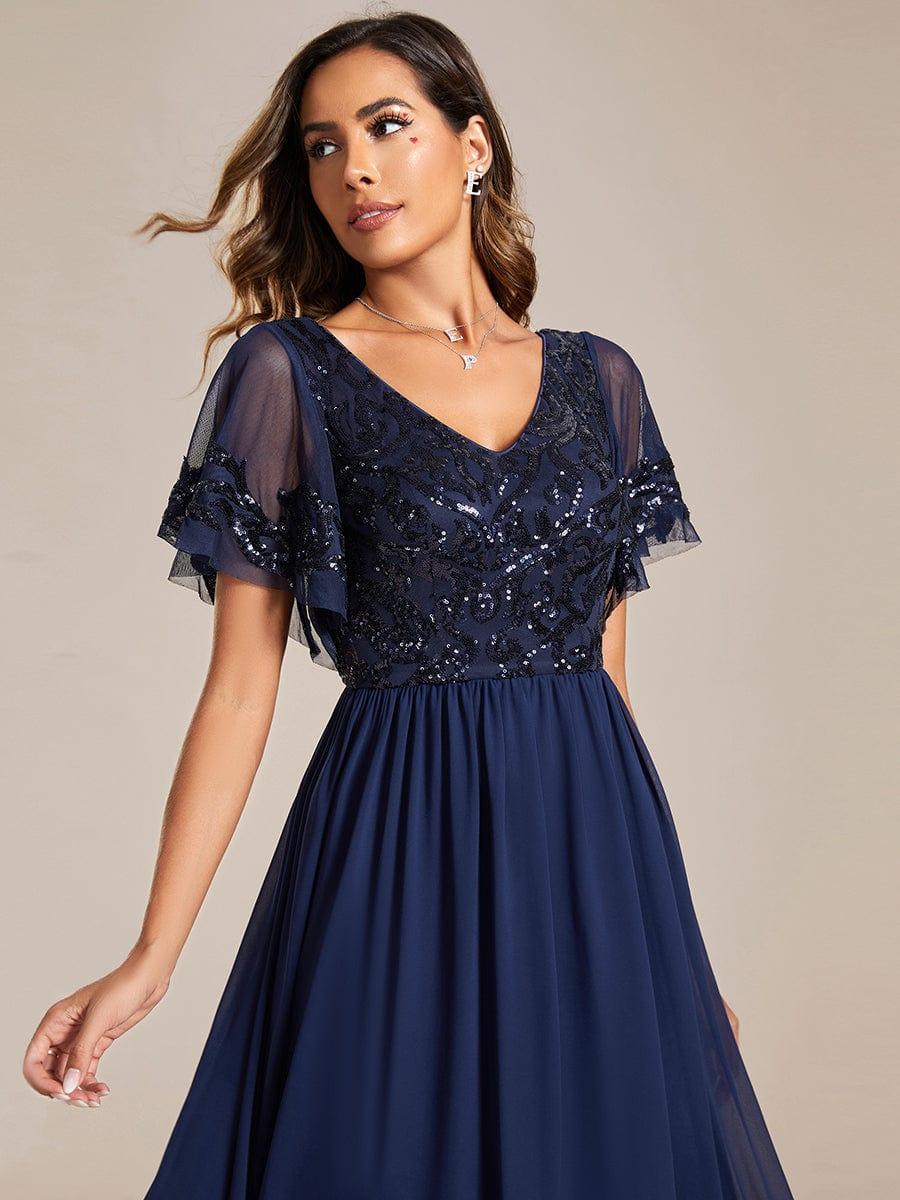ever HAZEL|Elegant V-Neck Sequin A-Line Short Sleeves Chiffon Midi Formal Dress