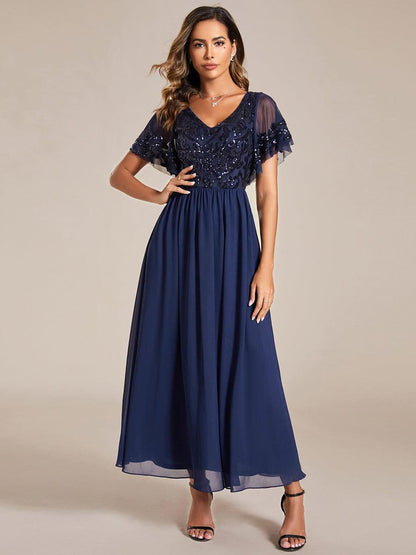 ever HAZEL|Elegant V-Neck Sequin A-Line Short Sleeves Chiffon Midi Formal Dress