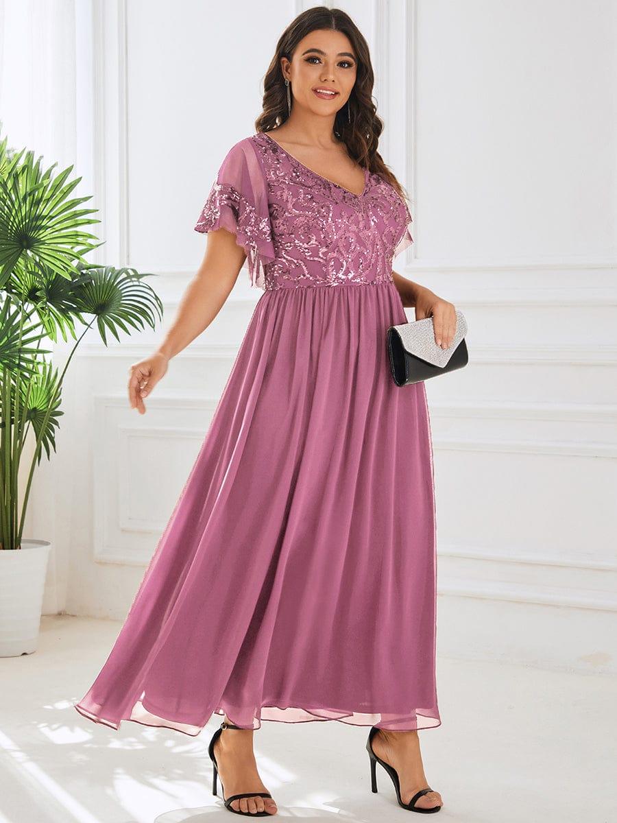 pretty HAZEL|Plus Size V-Neck Short Sleeve Sequin Bodice Mother of the Bride Dress