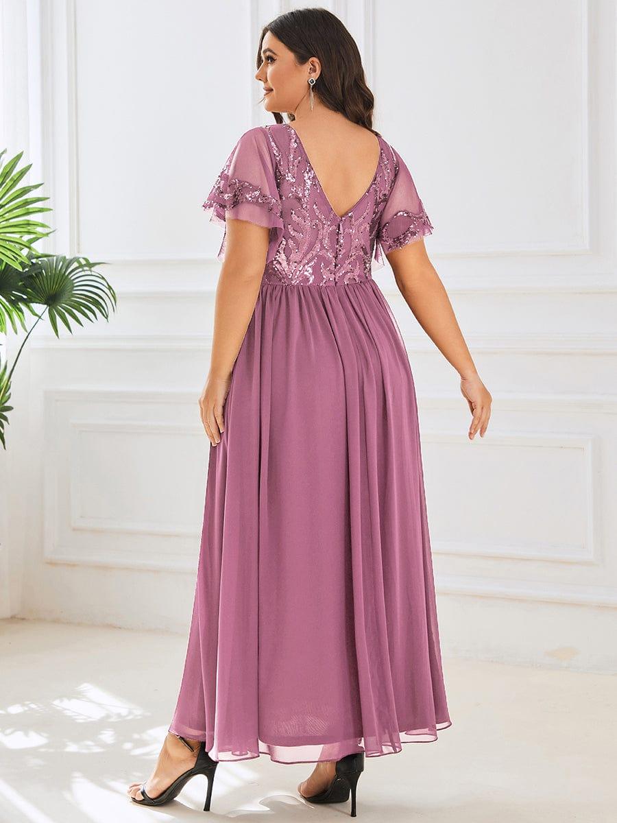 ever HAZEL|Elegant V-Neck Sequin A-Line Short Sleeves Chiffon Midi Formal Dress