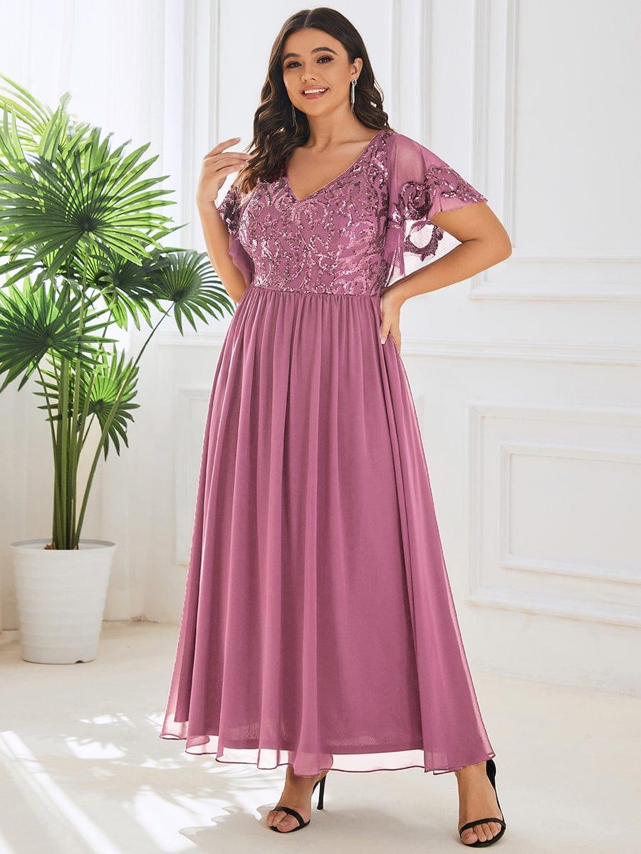 ever HAZEL|Elegant V-Neck Sequin A-Line Short Sleeves Chiffon Midi Formal Dress