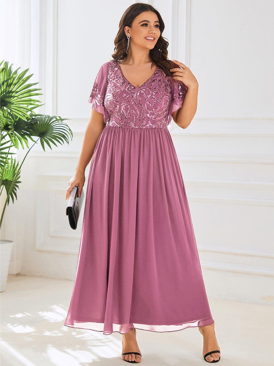 pretty HAZEL|Plus Size V-Neck Short Sleeve Sequin Bodice Mother of the Bride Dress