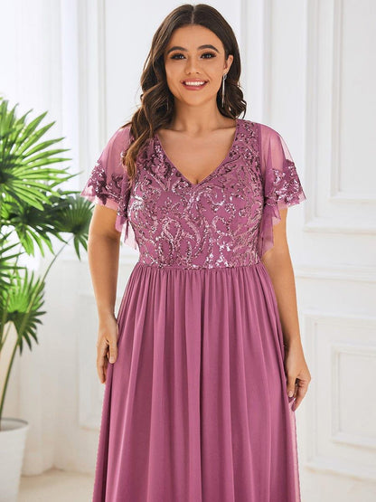 ever HAZEL|Elegant V-Neck Sequin A-Line Short Sleeves Chiffon Midi Formal Dress