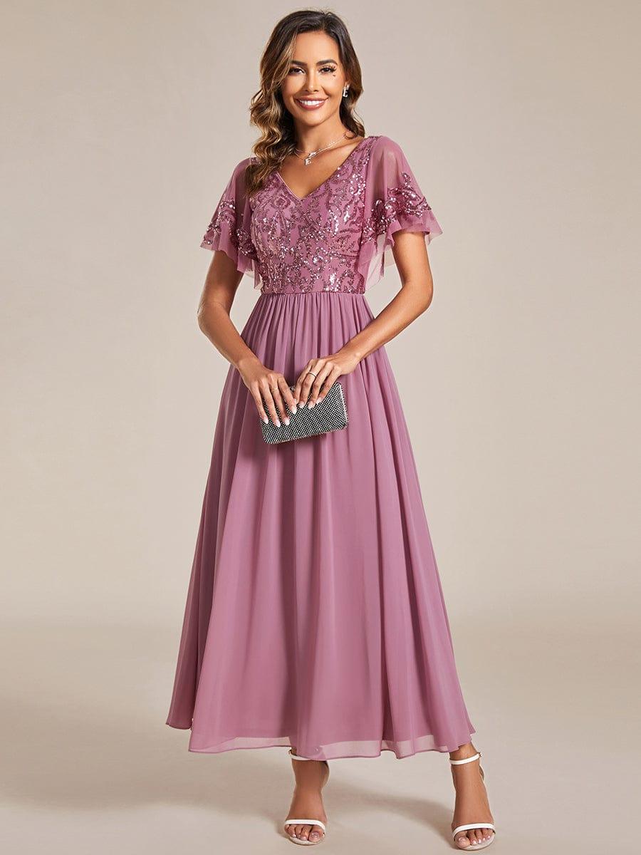 ever HAZEL|Elegant V-Neck Sequin A-Line Short Sleeves Chiffon Midi Formal Dress