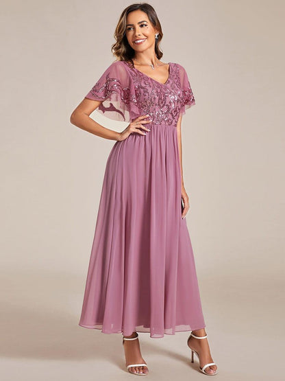 ever HAZEL|Short Sleeve V-Neck Sequin Chiffon A-Line Mother of the Bride Dress