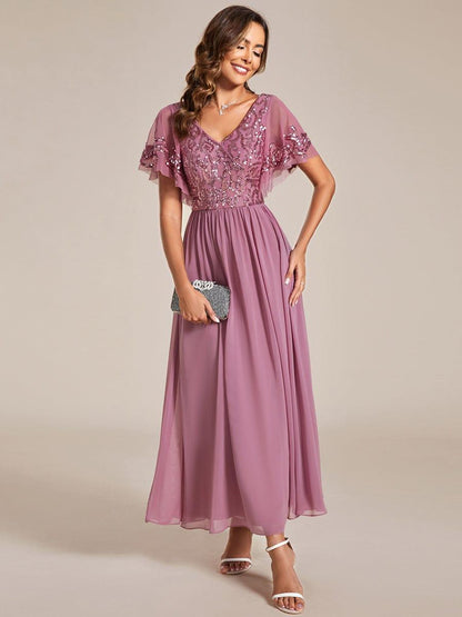 ever HAZEL|Elegant V-Neck Sequin A-Line Short Sleeves Chiffon Midi Formal Dress