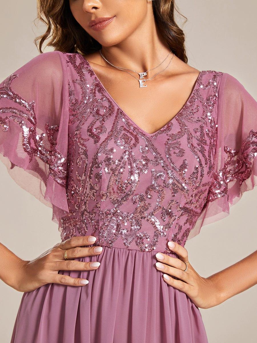 ever HAZEL|Elegant V-Neck Sequin A-Line Short Sleeves Chiffon Midi Formal Dress