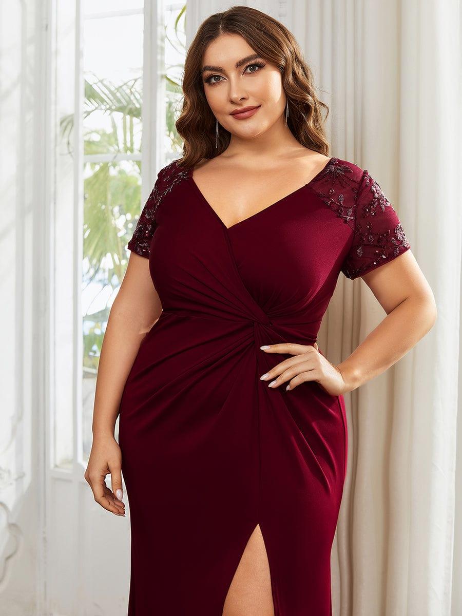 pretty GILDED|Plus Size Front Slit Short Sleeve With Sequin Mother of the Bride Dresses