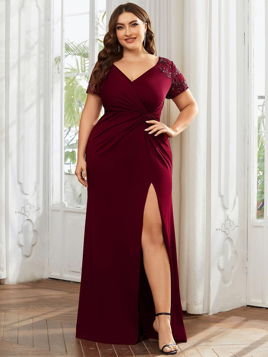 pretty GILDED|Plus Size Front Slit Short Sleeve With Sequin Mother of the Bride Dresses