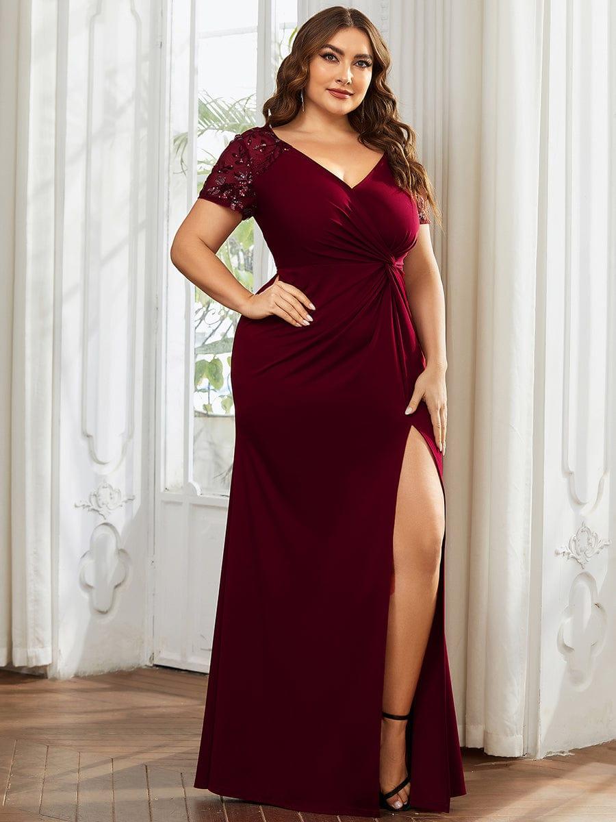 pretty GILDED|Plus Size Front Slit Short Sleeve With Sequin Mother of the Bride Dresses