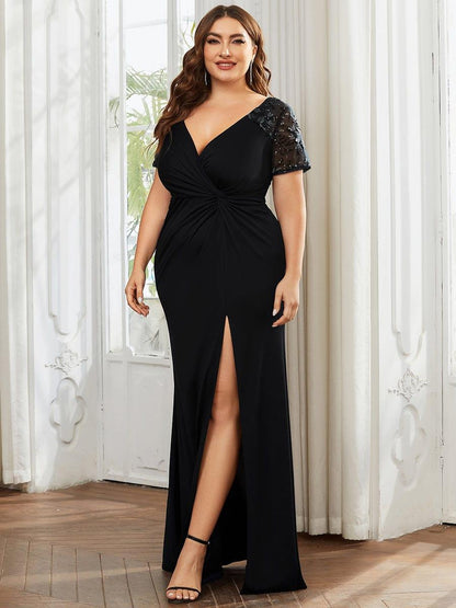 pretty GILDED|Plus Size Front Slit Short Sleeve With Sequin Mother of the Bride Dresses