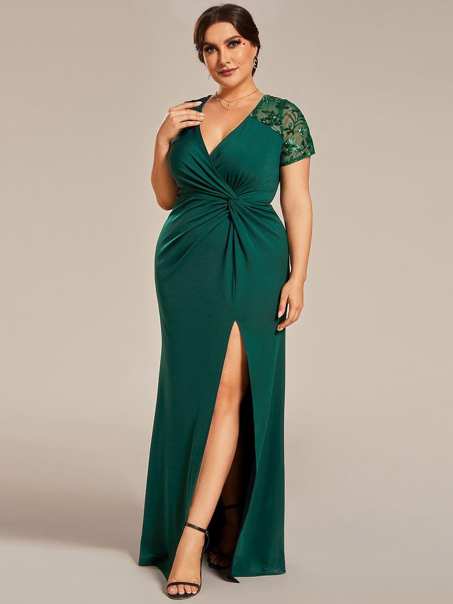 pretty GILDED|Plus Size Front Slit Short Sleeve With Sequin Mother of the Bride Dresses