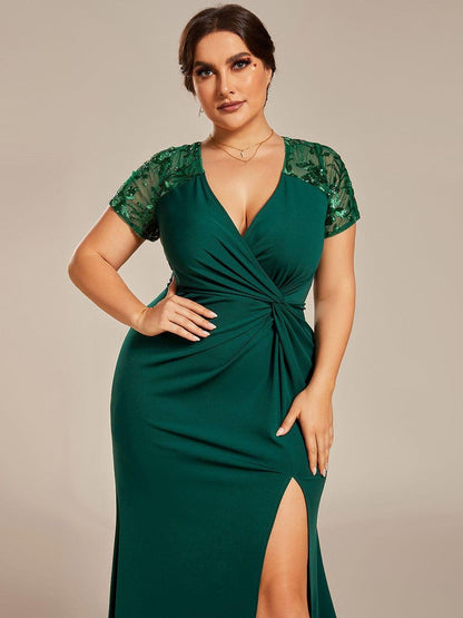 pretty GILDED|Plus Size Front Slit Short Sleeve With Sequin Mother of the Bride Dresses