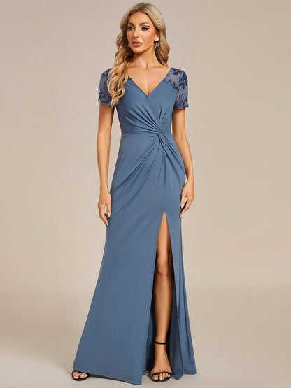 ever GILDED|Deep V-Neck Sequin Short Sleeve High Side Front Slit Mother of the Bride Dresses