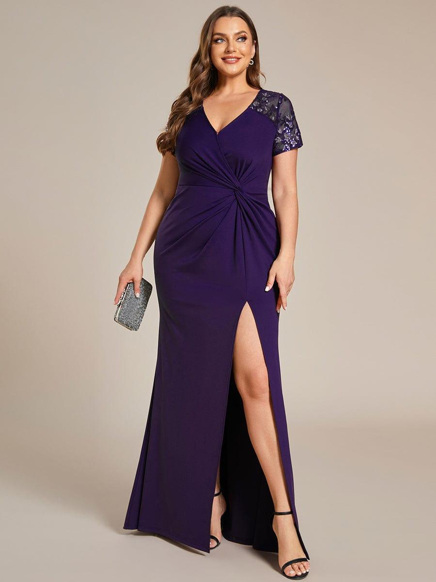 ever GILDED|Deep V-Neck Sequin Short Sleeve High Side Front Slit Mother of the Bride Dresses