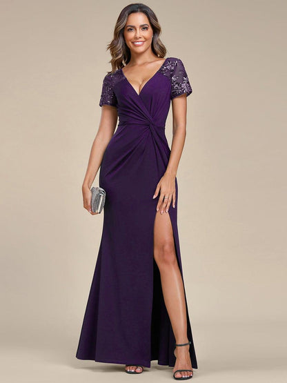 ever GILDED|Deep V-Neck Sequin Short Sleeve High Side Front Slit Mother of the Bride Dresses