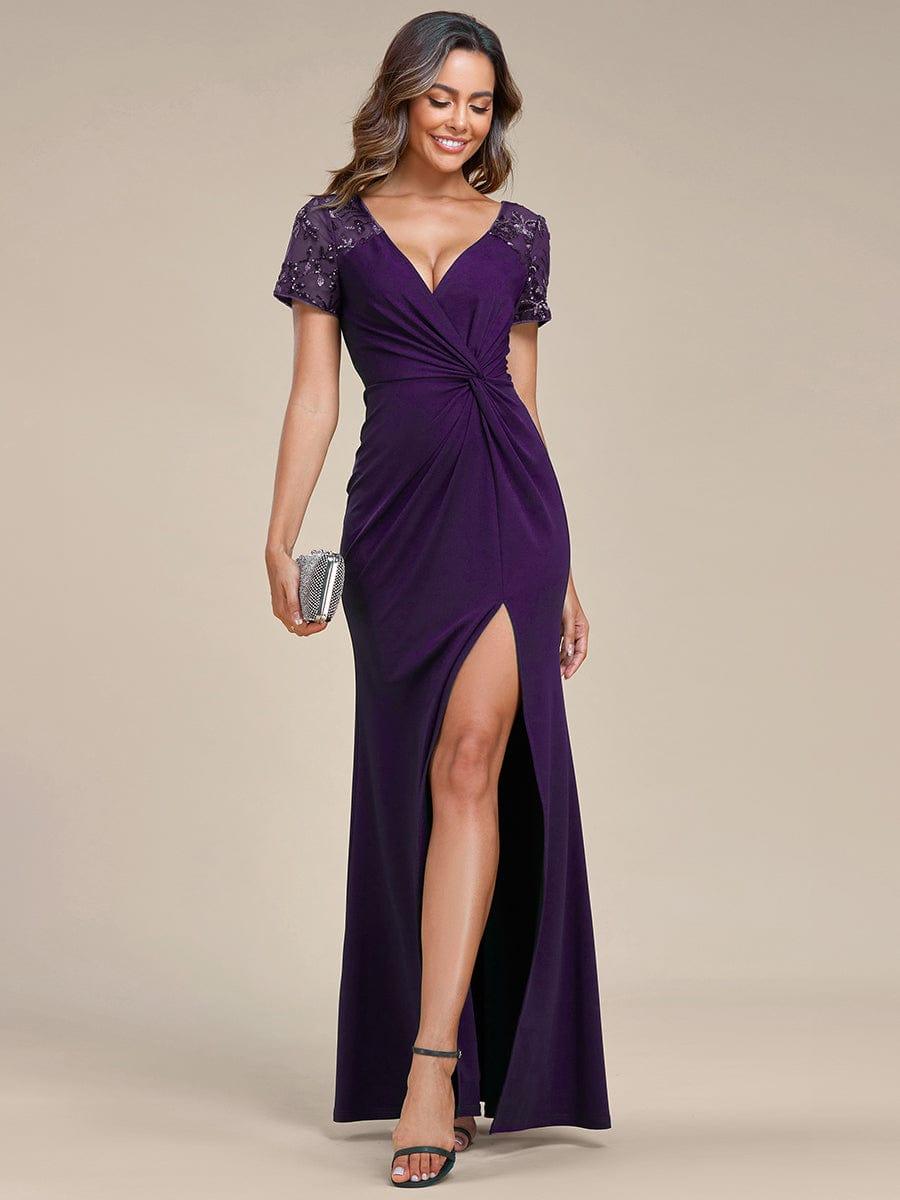 ever GILDED|Deep V-Neck Sequin Short Sleeve High Side Front Slit Mother of the Bride Dresses