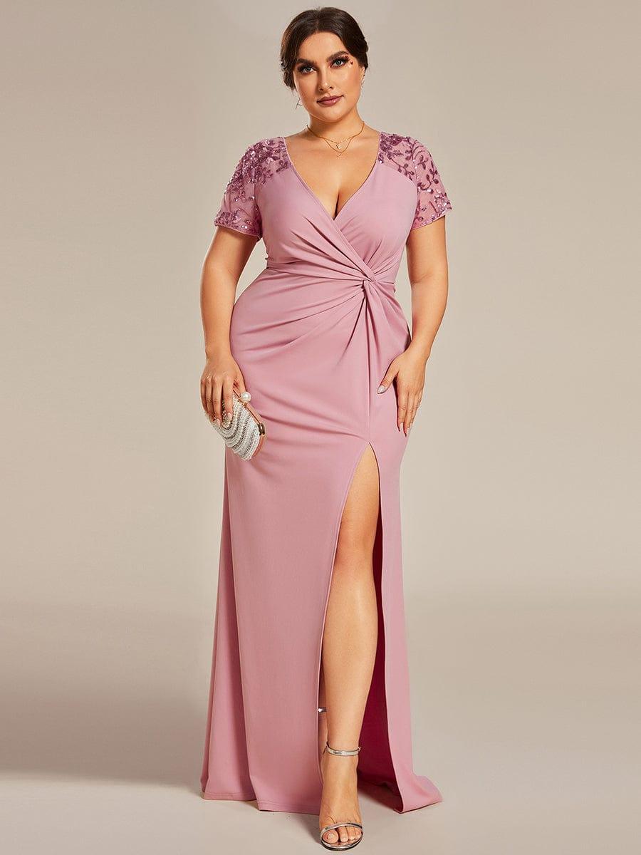 ever GILDED|Deep V-Neck Sequin Short Sleeve High Side Front Slit Mother of the Bride Dresses