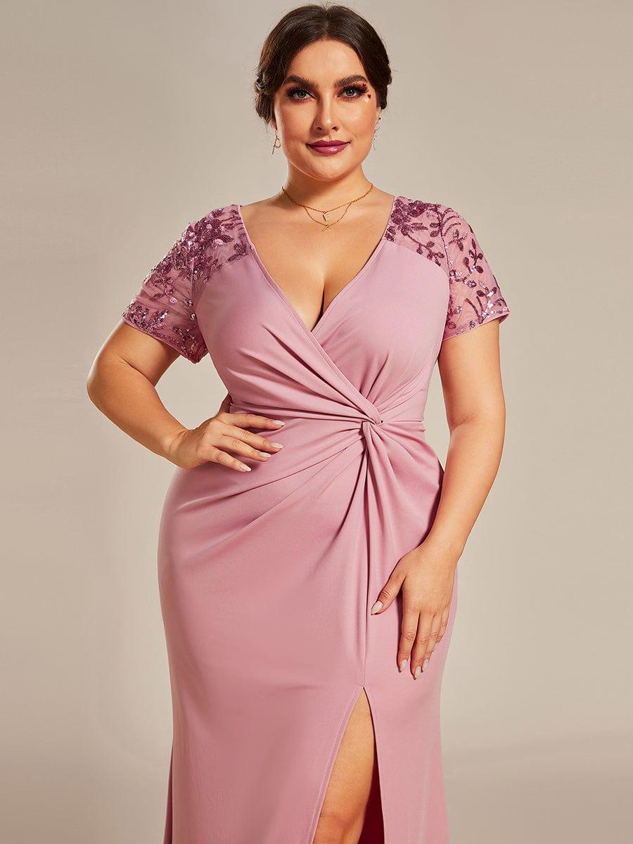 pretty GILDED|Plus Size Front Slit Short Sleeve With Sequin Mother of the Bride Dresses