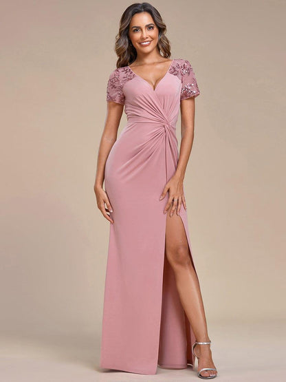 ever GILDED|Deep V-Neck Sequin Short Sleeve High Side Front Slit Mother of the Bride Dresses